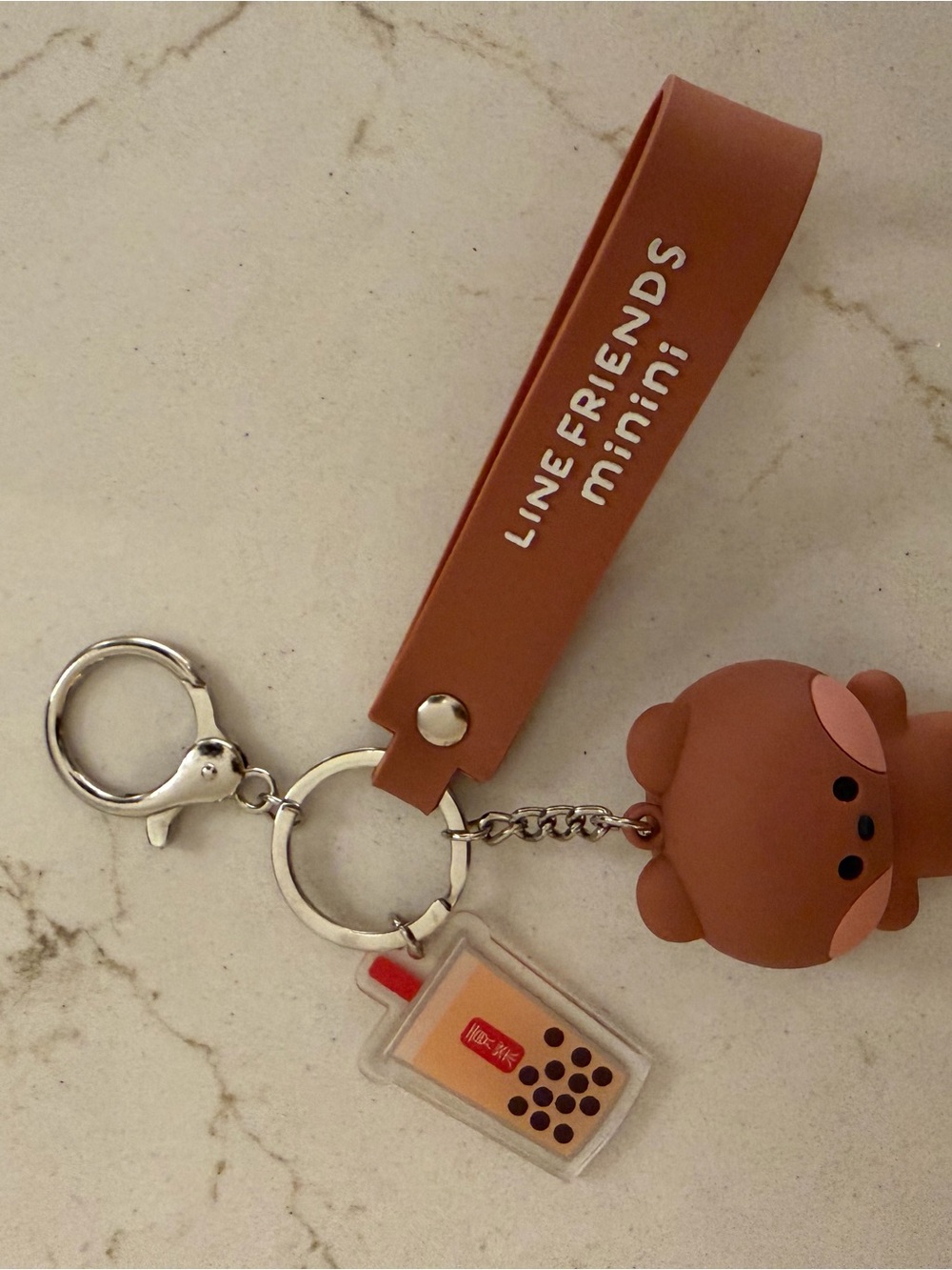 LINE FRIENDS Mini Bear Keychain with Bubble Tea Charm - Brown